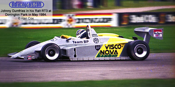 Johnny Dumfries in the Dave Price Racing Ralt RT3 at Donington Park in May 1984.  Copyright Alan Cox 2019.  Used with permission.